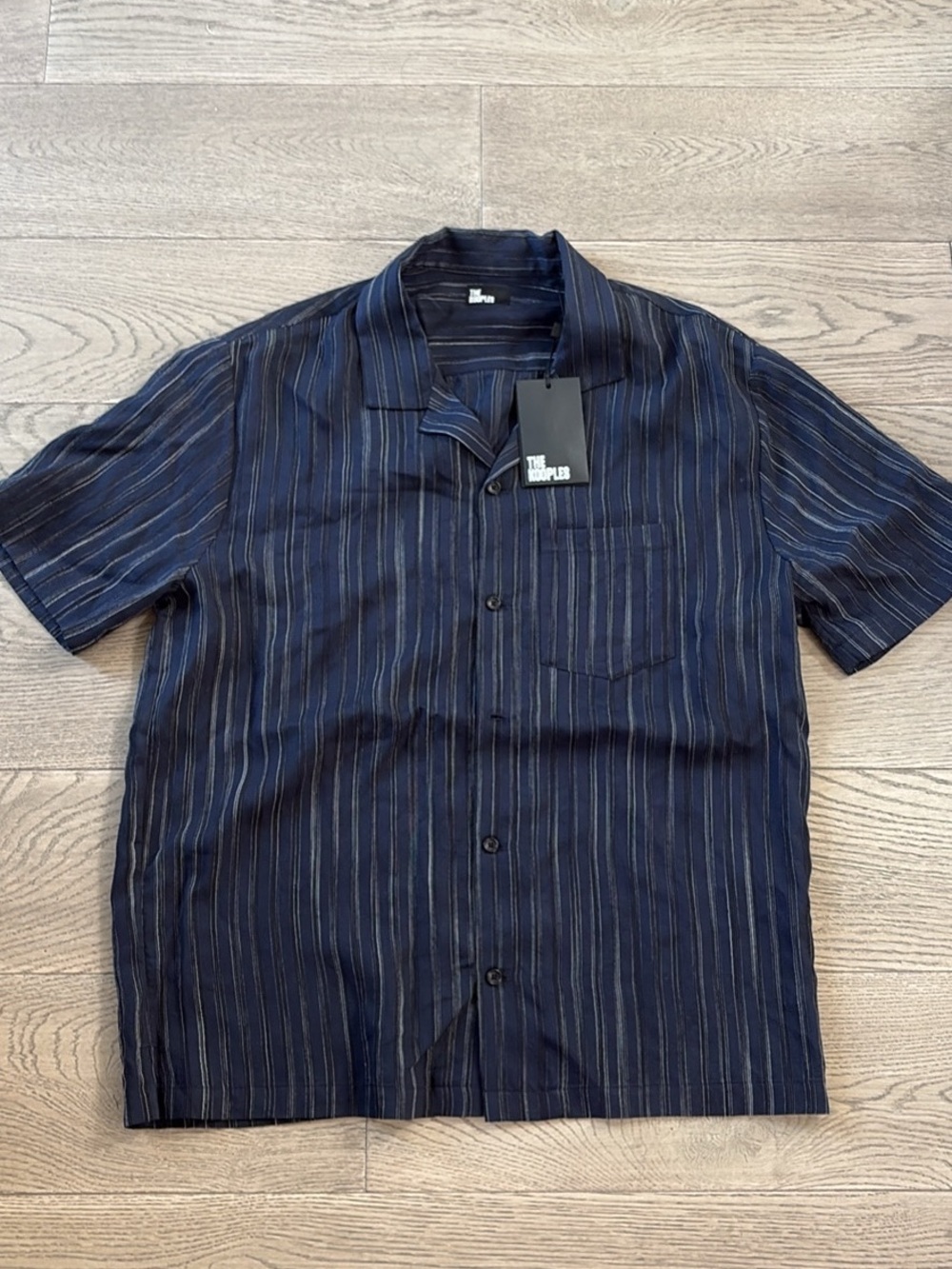The Kooples Navy and Black Vertical-Stripe Short-Sleeve Shirt
